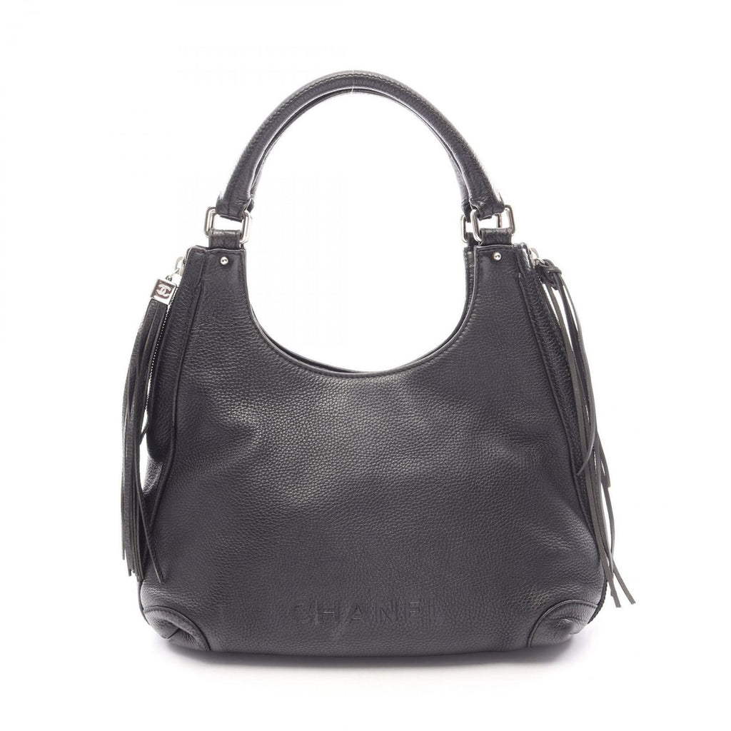 Chanel Handbag Logo Black Leather Fringe Handle Bag