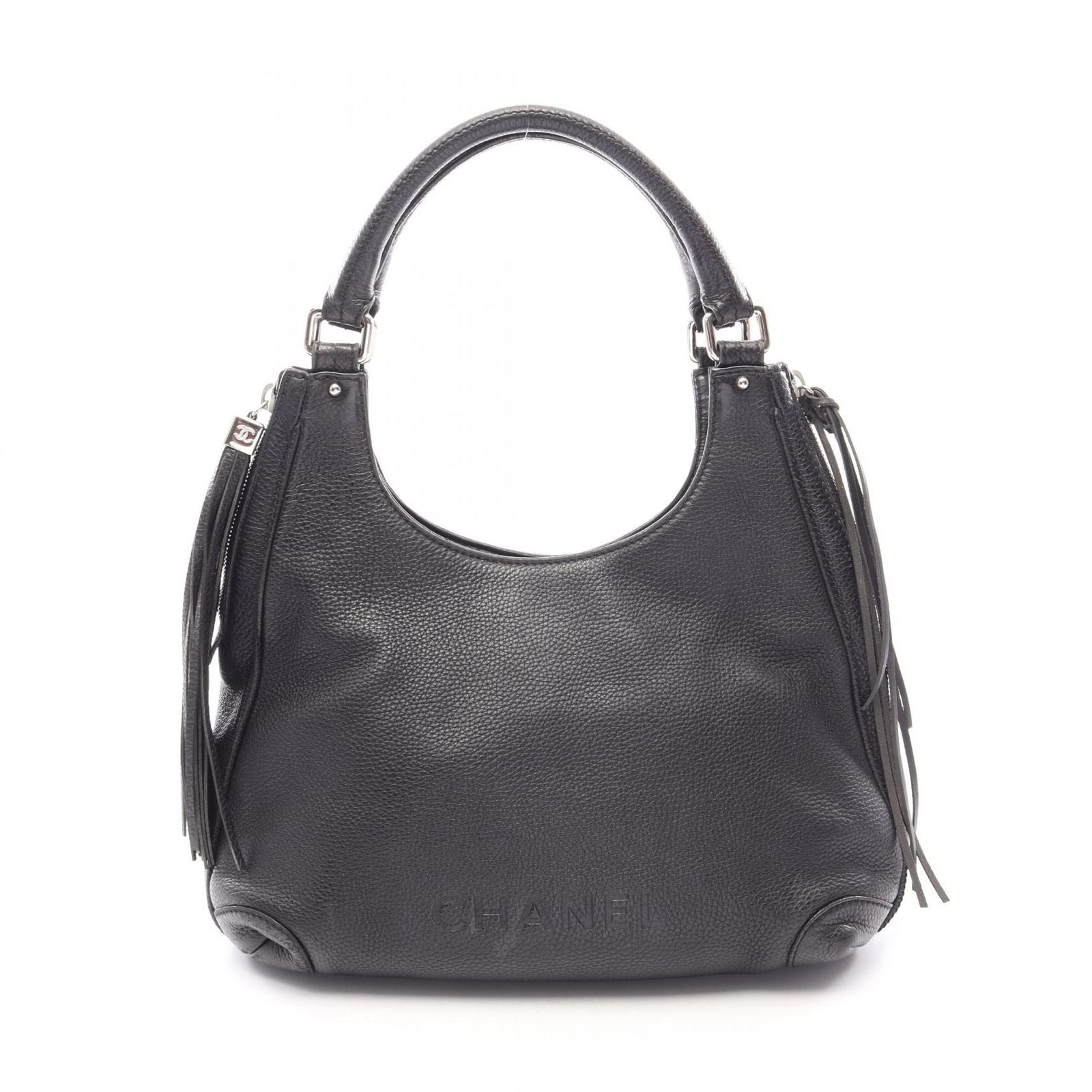 Chanel Handbag Logo Black Leather Fringe Handle Bag