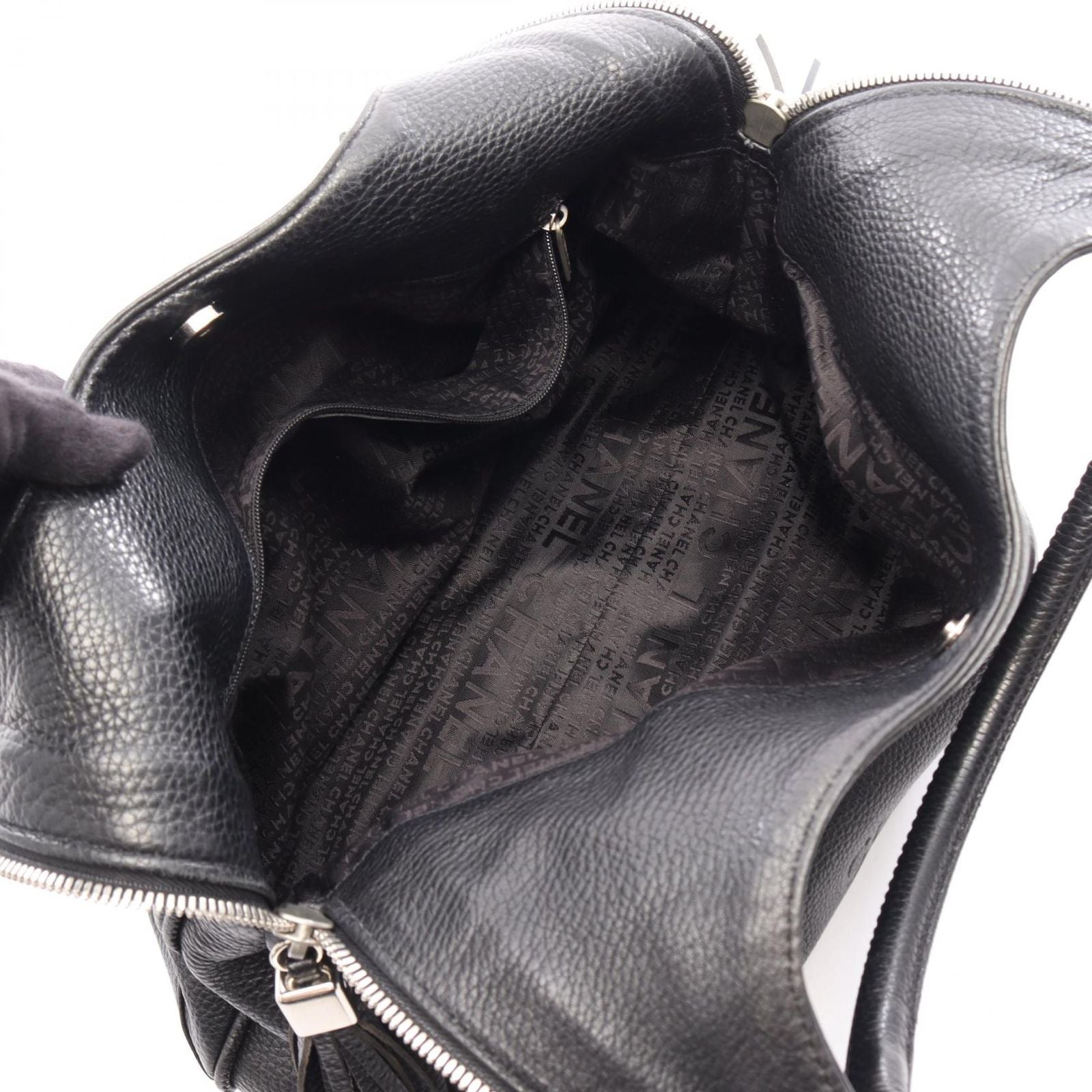 Chanel Handbag Logo Black Leather Fringe Handle Bag — view 3