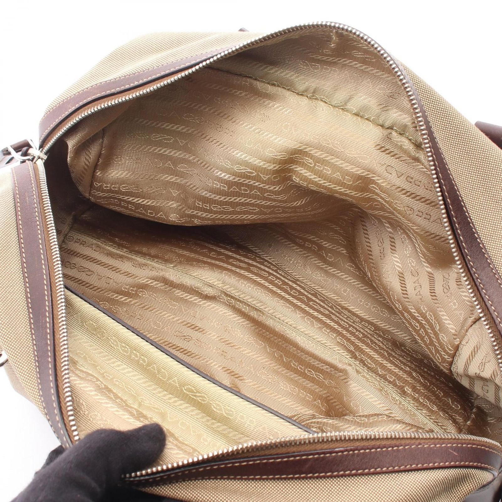 Prada Logo Jacquard Beige Brown Canvas Leather Shoulder Bag — view 5