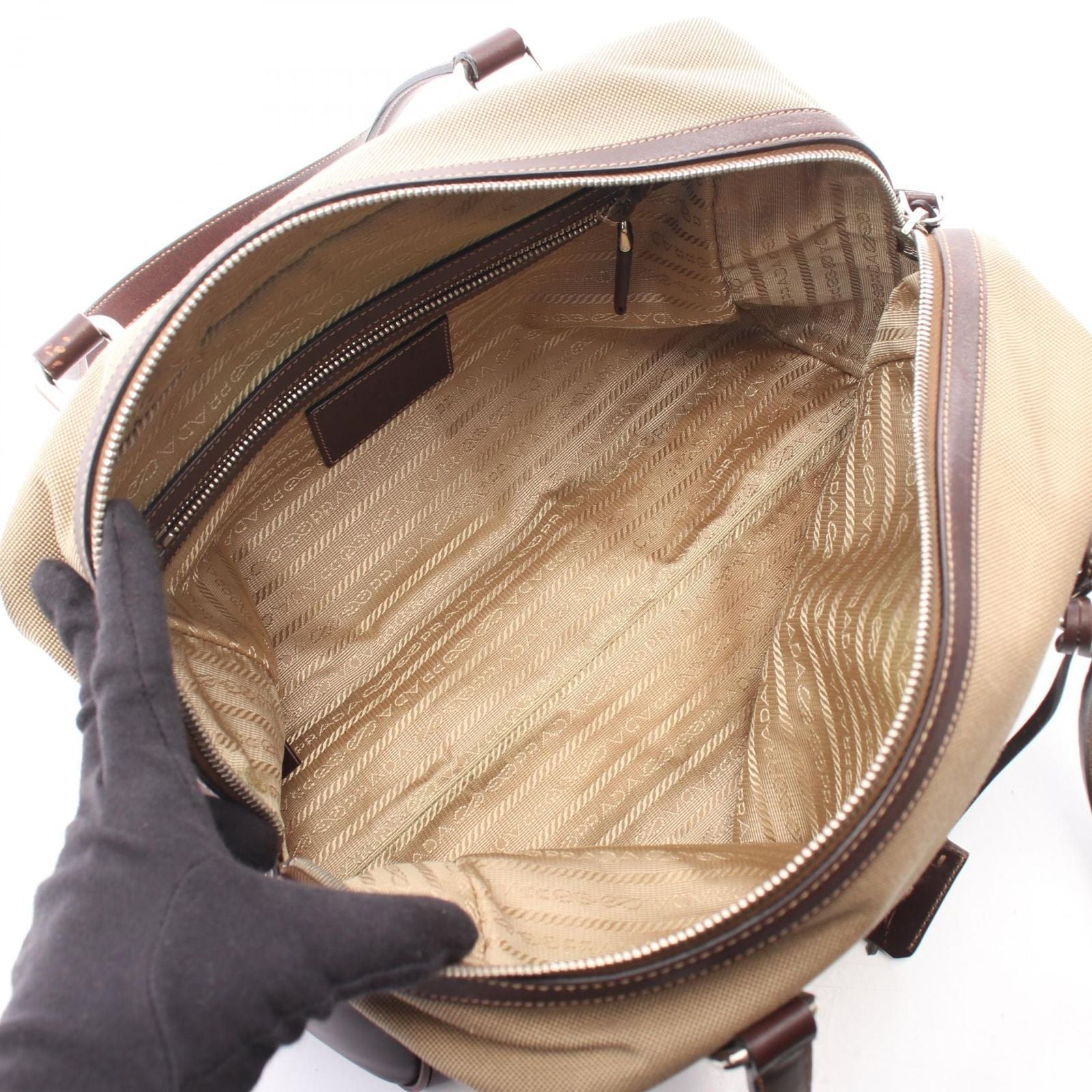 Prada Logo Jacquard Beige Brown Canvas Leather Shoulder Bag — view 3