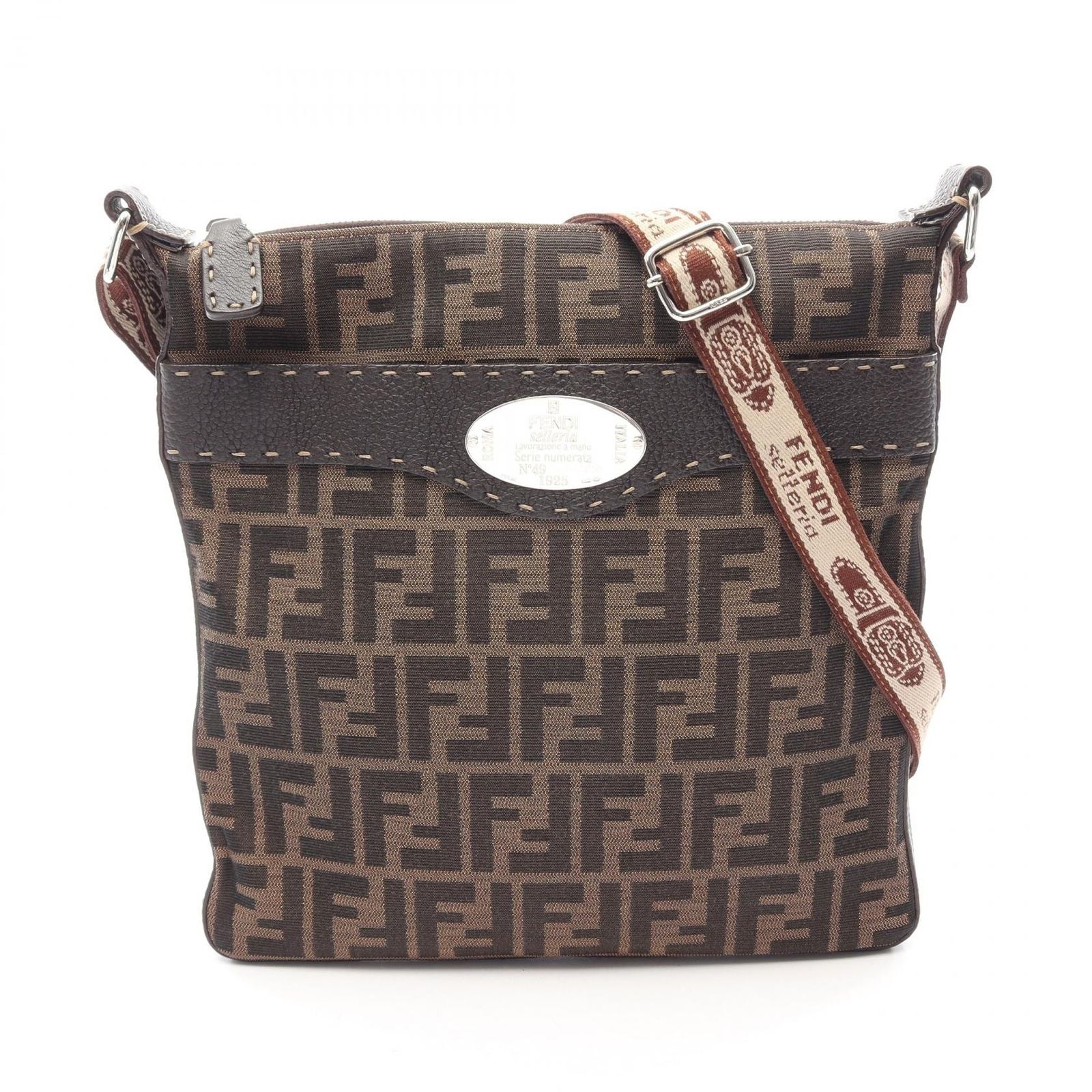 Fendi Shoulder Bag Selleria Zucca Brown Ivory Canvas Leather