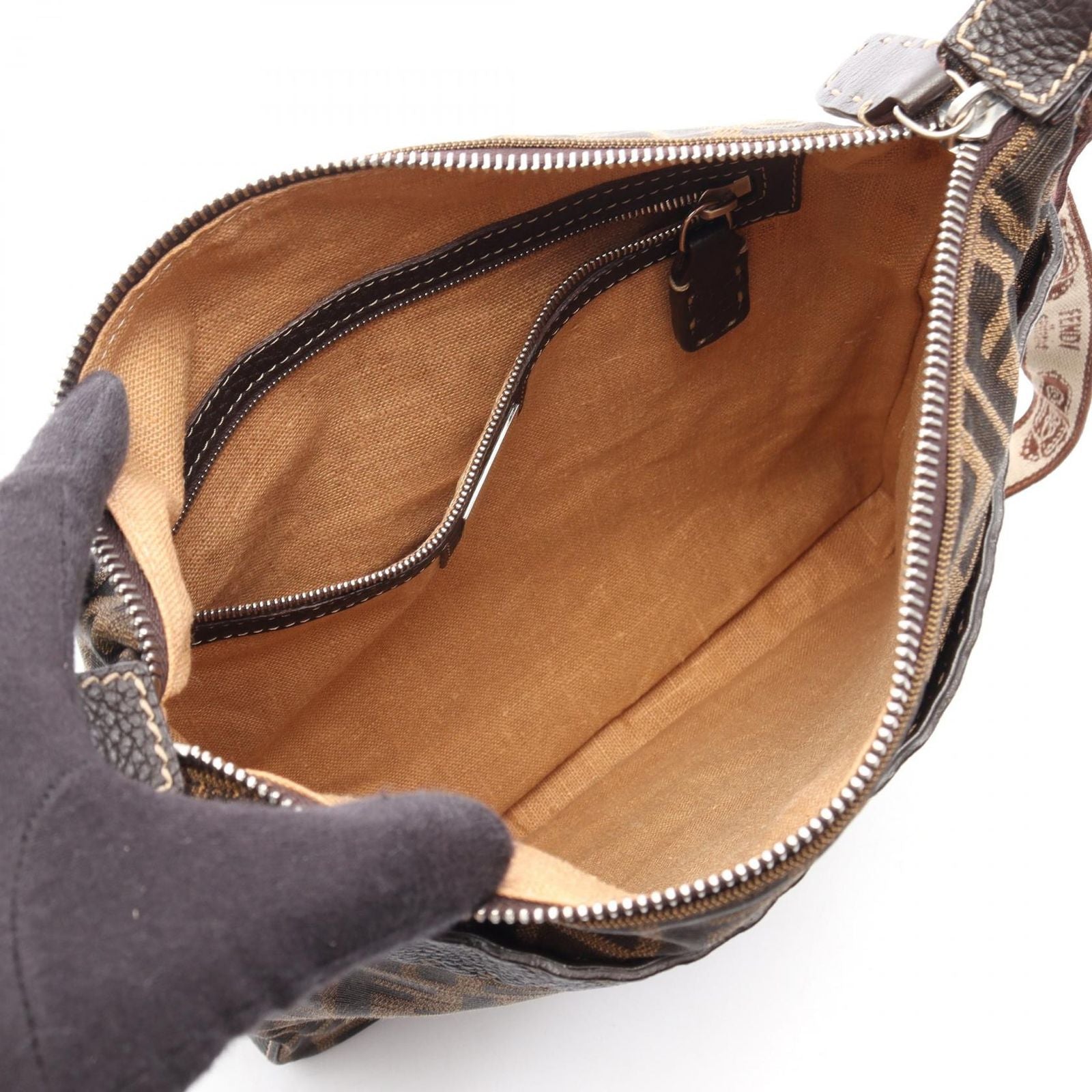 Fendi Shoulder Bag Selleria Zucca Brown Ivory Canvas Leather — view 3