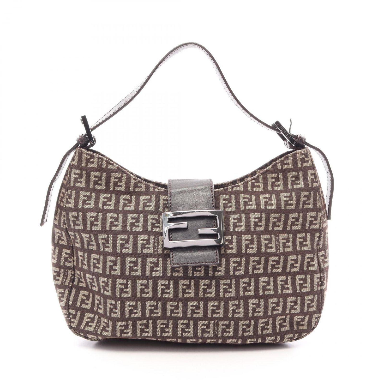 Fendi Shoulder Bag Zucchino Dark Brown Beige Canvas Leather