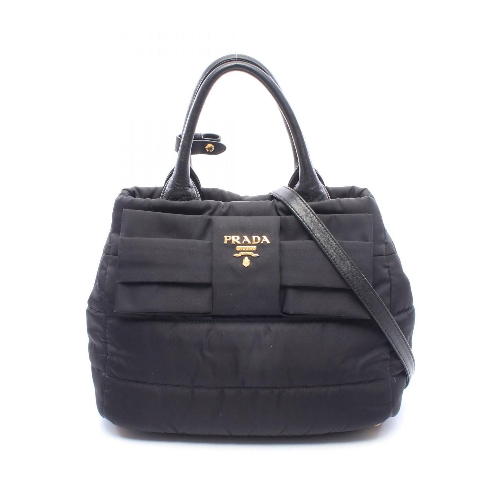 Prada Handbag Tessuto Bomber 2-Way Black Nylon Leather Ribbon