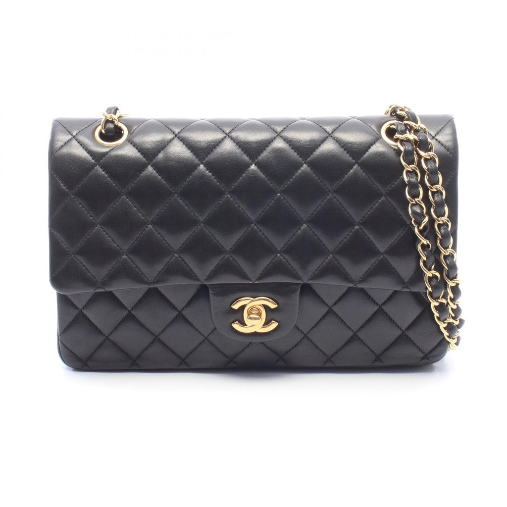 Chanel Shoulder Bag Quilted Double Flap Black Lambskin Chain