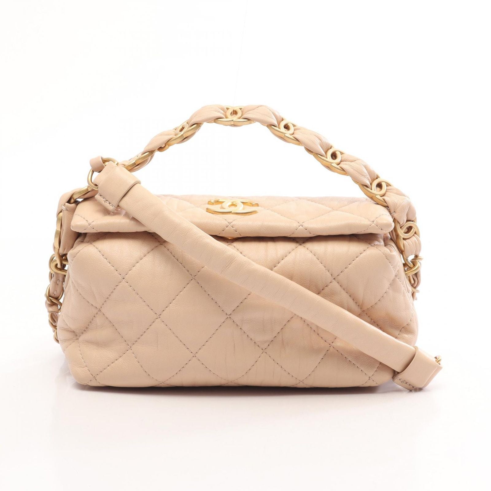 Chanel Shoulder Bag Quilted 2-Way Beige Lambskin Small Chain