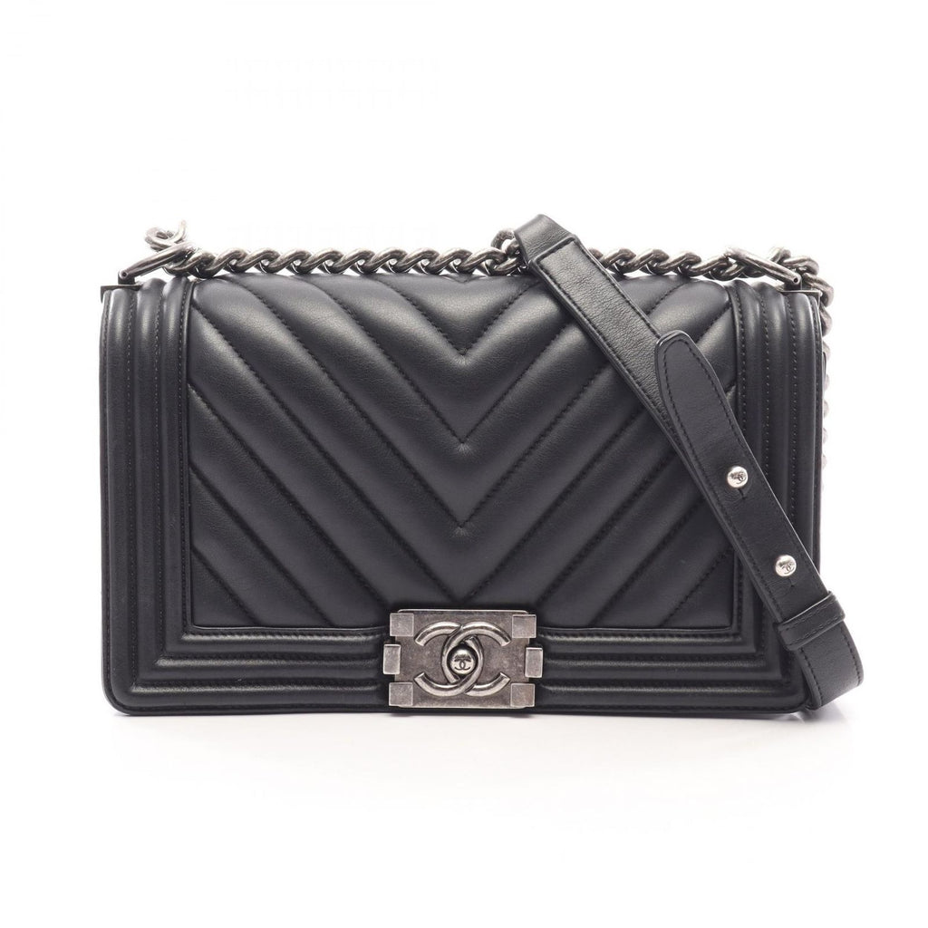 Chanel Shoulder Bag Boy Antique Silver Black Lambskin Chevron V-stitch Chain