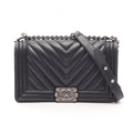 Chanel Shoulder Bag Boy Antique Silver Black Lambskin Chevron V-stitch Chain