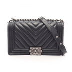 Chanel Shoulder Bag Boy Antique Silver Black Lambskin Chevron V-stitch Chain