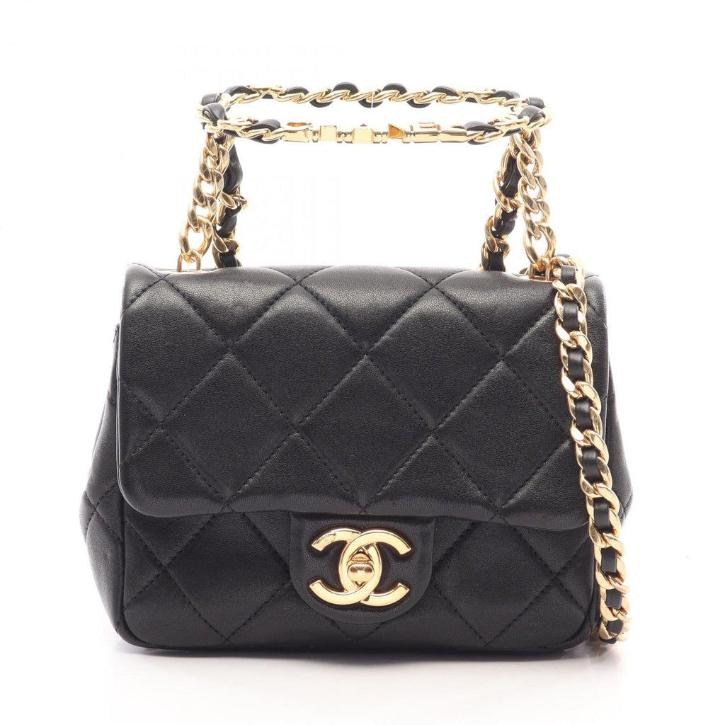 Chanel Shoulder Bag Mini Quilted Top Handle 2-Way Black Lambskin Loop Small