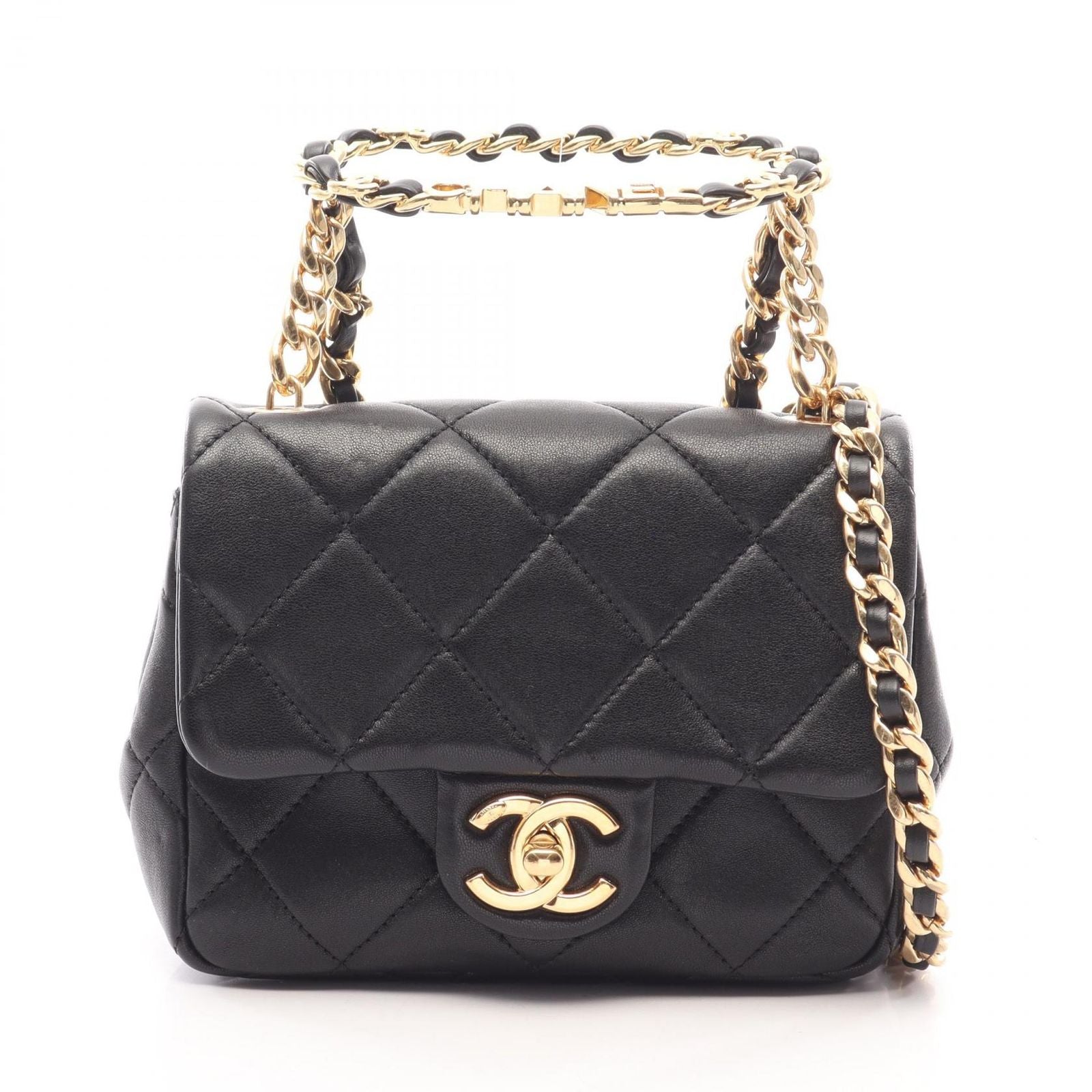 Chanel Shoulder Bag Mini Quilted Top Handle 2-Way Black Lambskin Loop Small