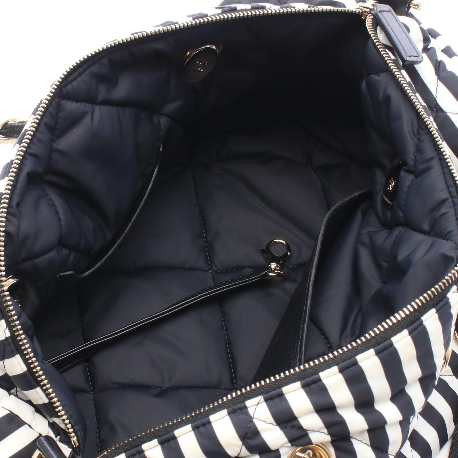 Chanel CC Logo Bowling Bag Stripe 2-Way Black White Nylon Leather Large — view 3