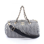 Chanel CC Logo Bowling Bag Stripe 2-Way Black White Nylon Leather Large