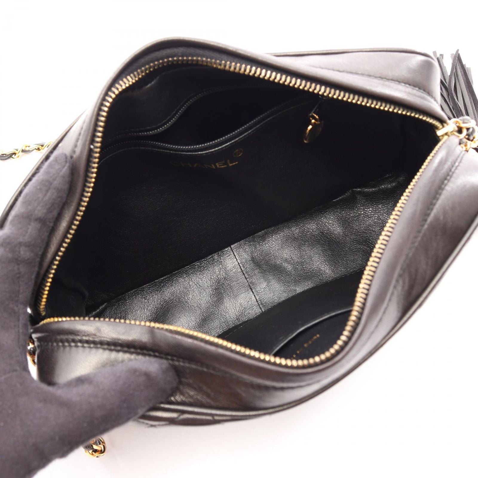 Chanel Shoulder Bag Quilted Black Lambskin Diamond Stitch CC Logo Fringe Chain — view 3
