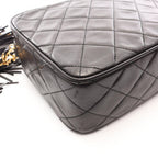 Chanel Shoulder Bag Quilted Black Lambskin Diamond Stitch CC Logo Fringe Chain — view 8