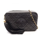 Chanel Shoulder Bag Quilted Black Lambskin Diamond Stitch CC Logo Fringe Chain
