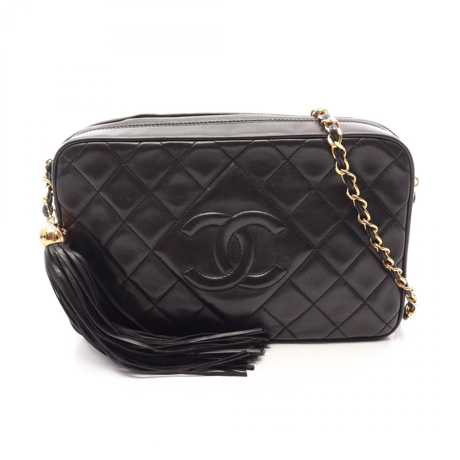 Chanel Shoulder Bag Quilted Black Lambskin Diamond Stitch CC Logo Fringe Chain