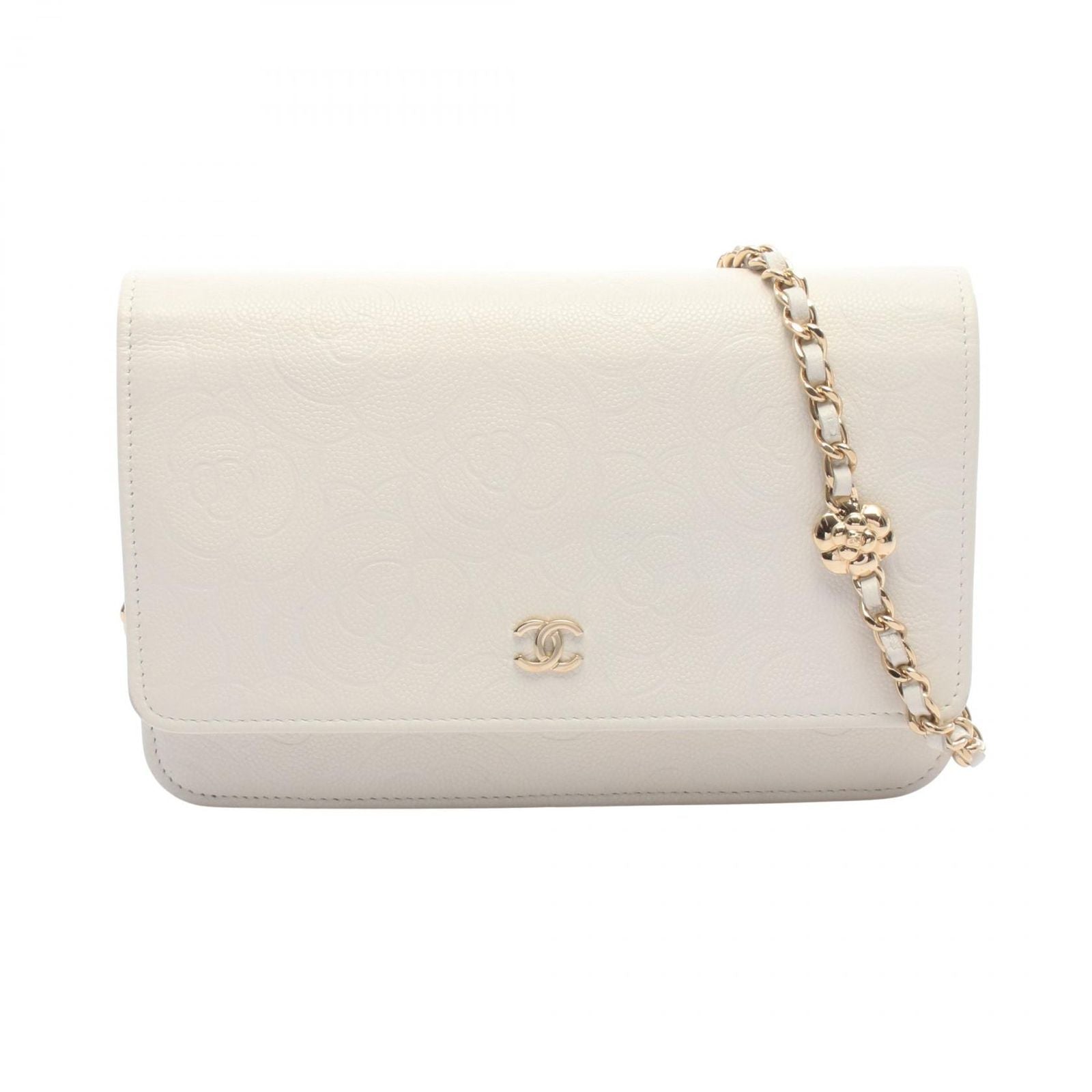 Chanel Shoulder Bag Camellia White Caviar Leather Chain Wallet