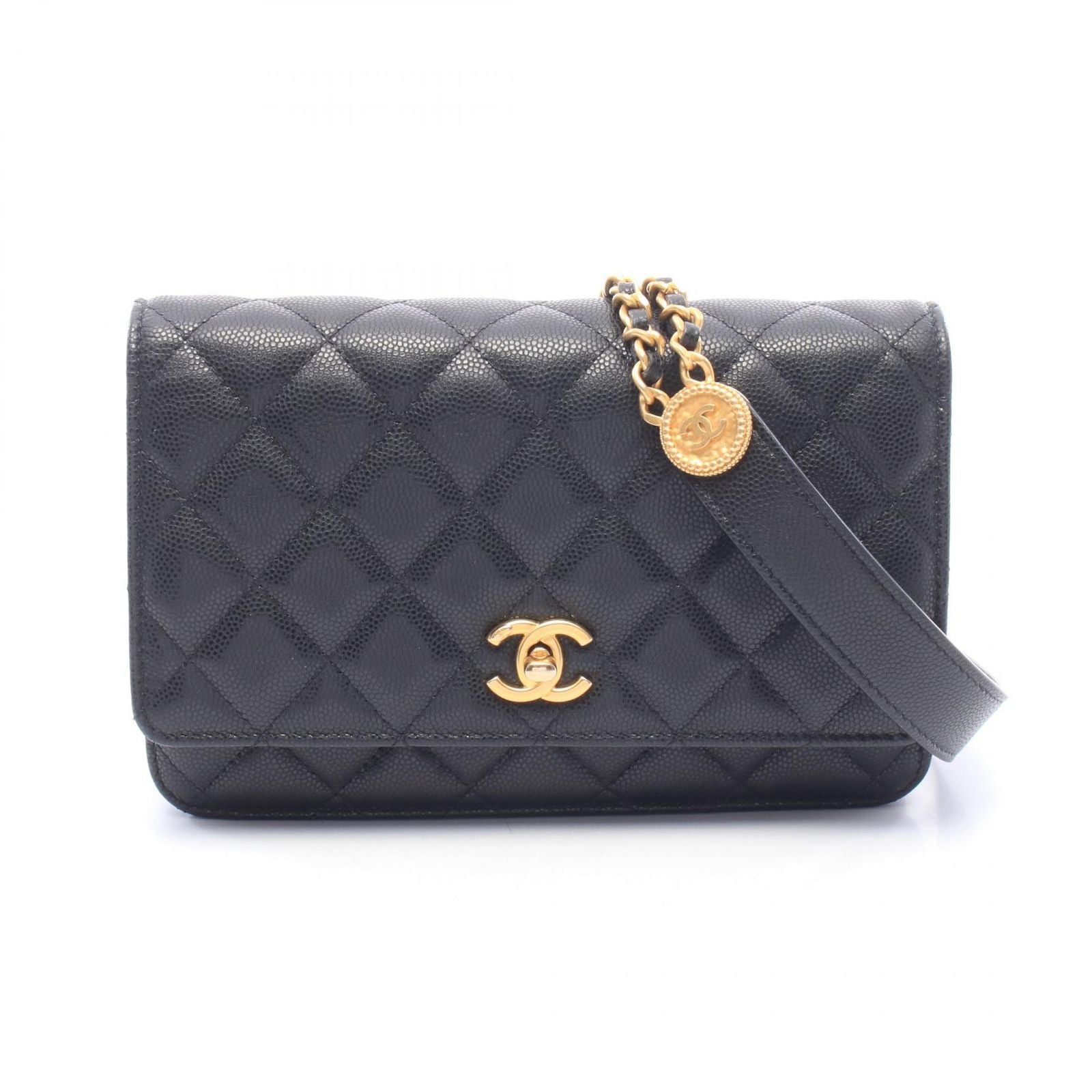 Chanel Shoulder Bag Quilted Black Caviar Leather Chain Wallet
