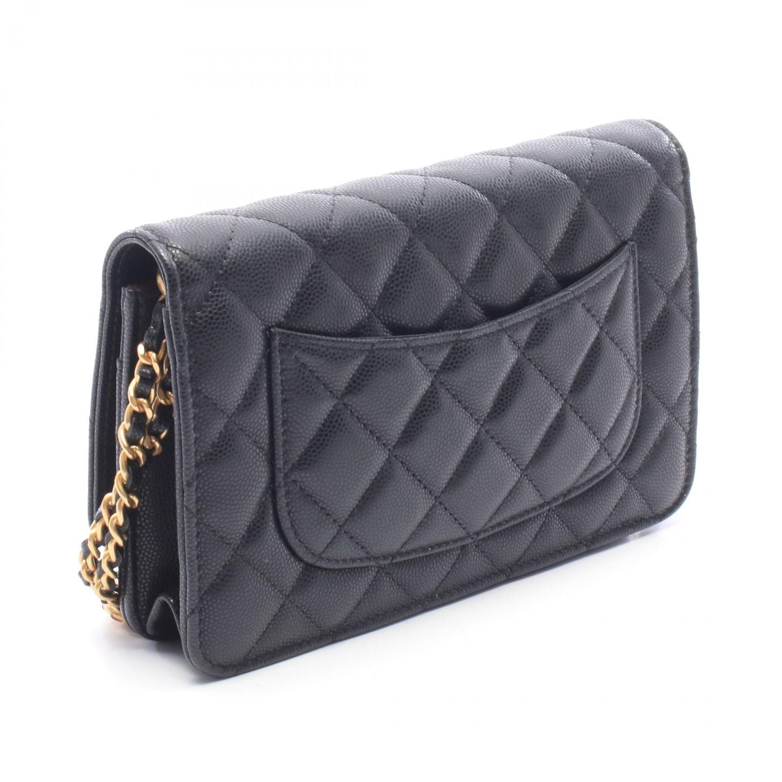 Chanel Shoulder Bag Quilted Black Caviar Leather Chain Wallet — view 2