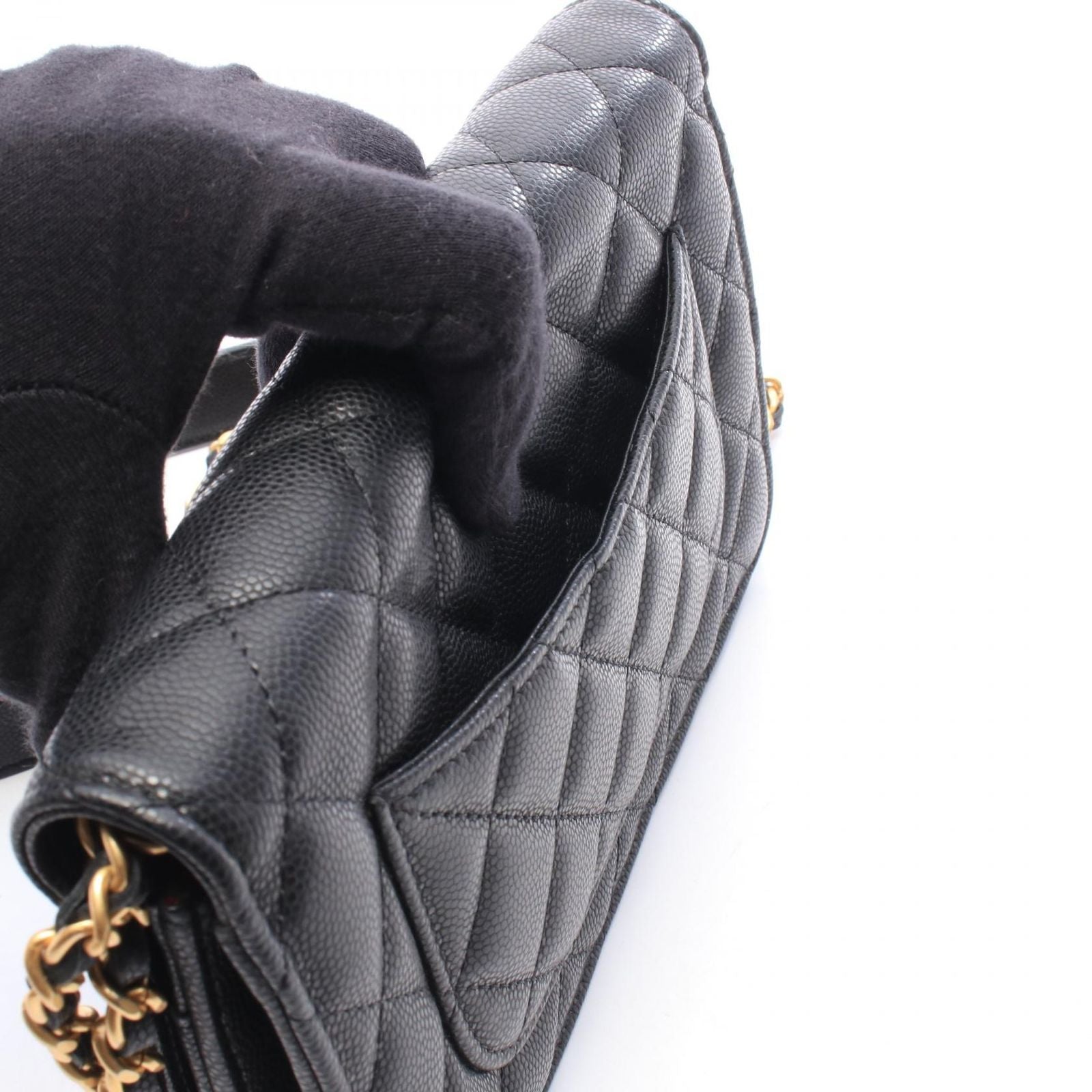 Chanel Shoulder Bag Quilted Black Caviar Leather Chain Wallet — view 6