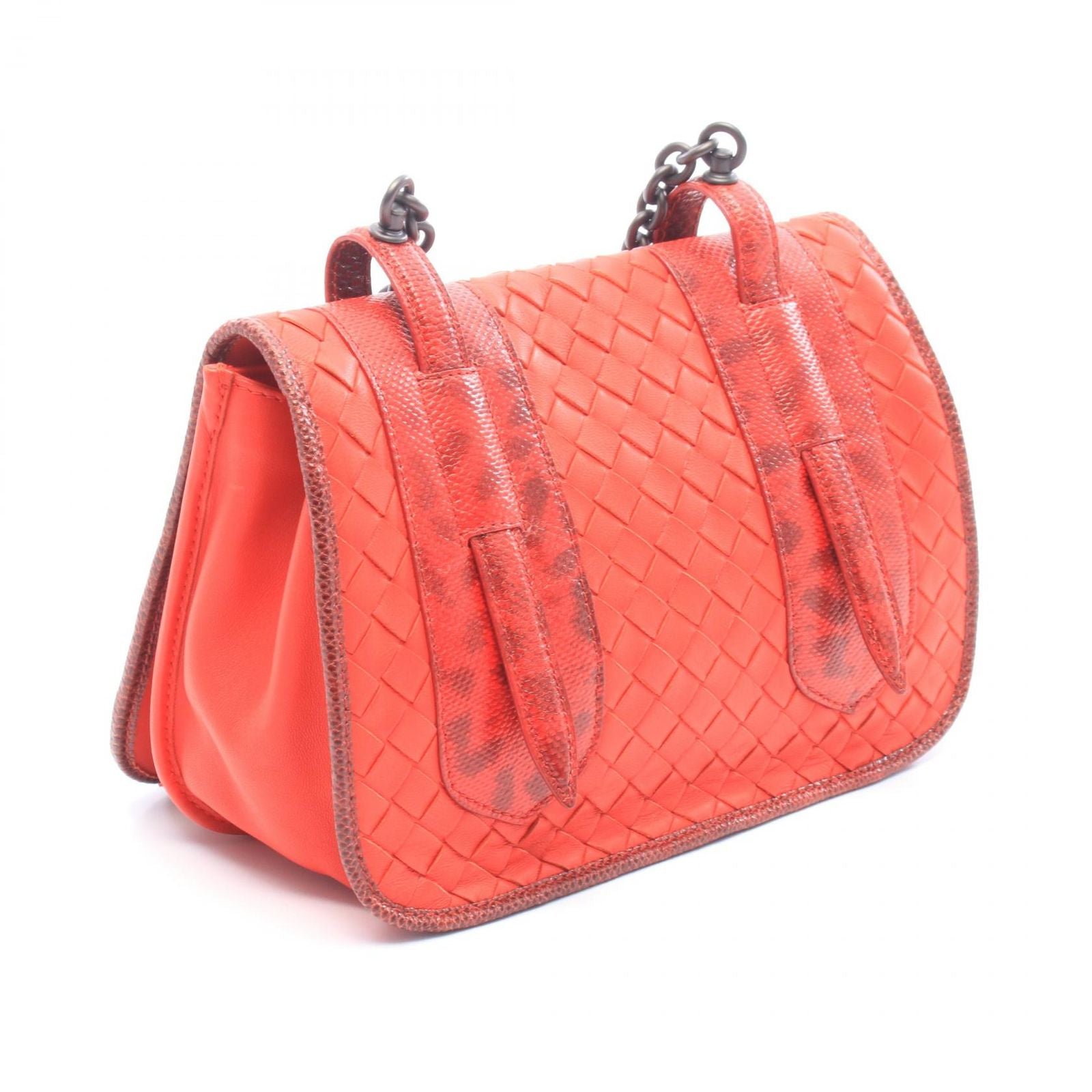 Bottega Veneta Shoulder Bag Intrecciato Red Leather Exotic Chain — view 2
