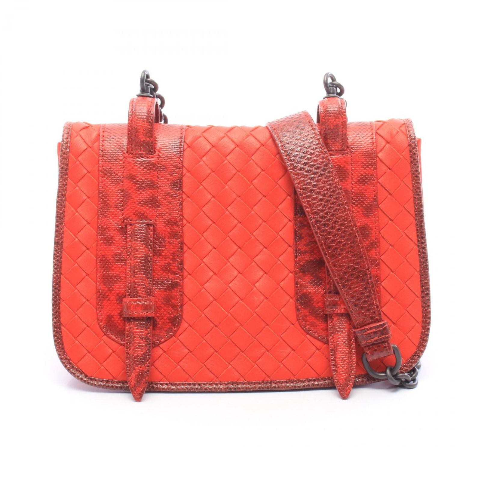 Bottega Veneta Shoulder Bag Intrecciato Red Leather Exotic Chain