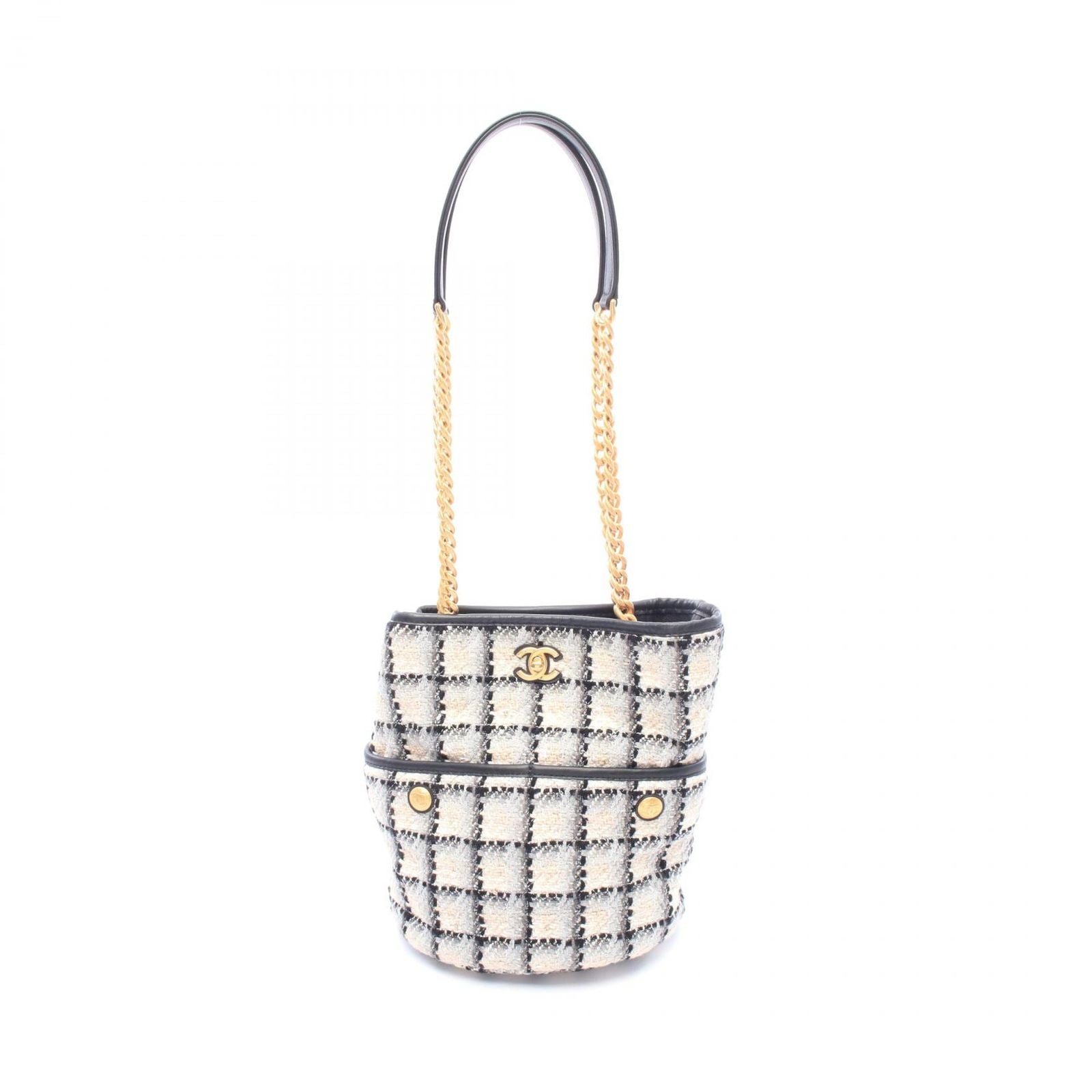 Chanel Shoulder Bag CC Logo Black Gray Fabric Leather