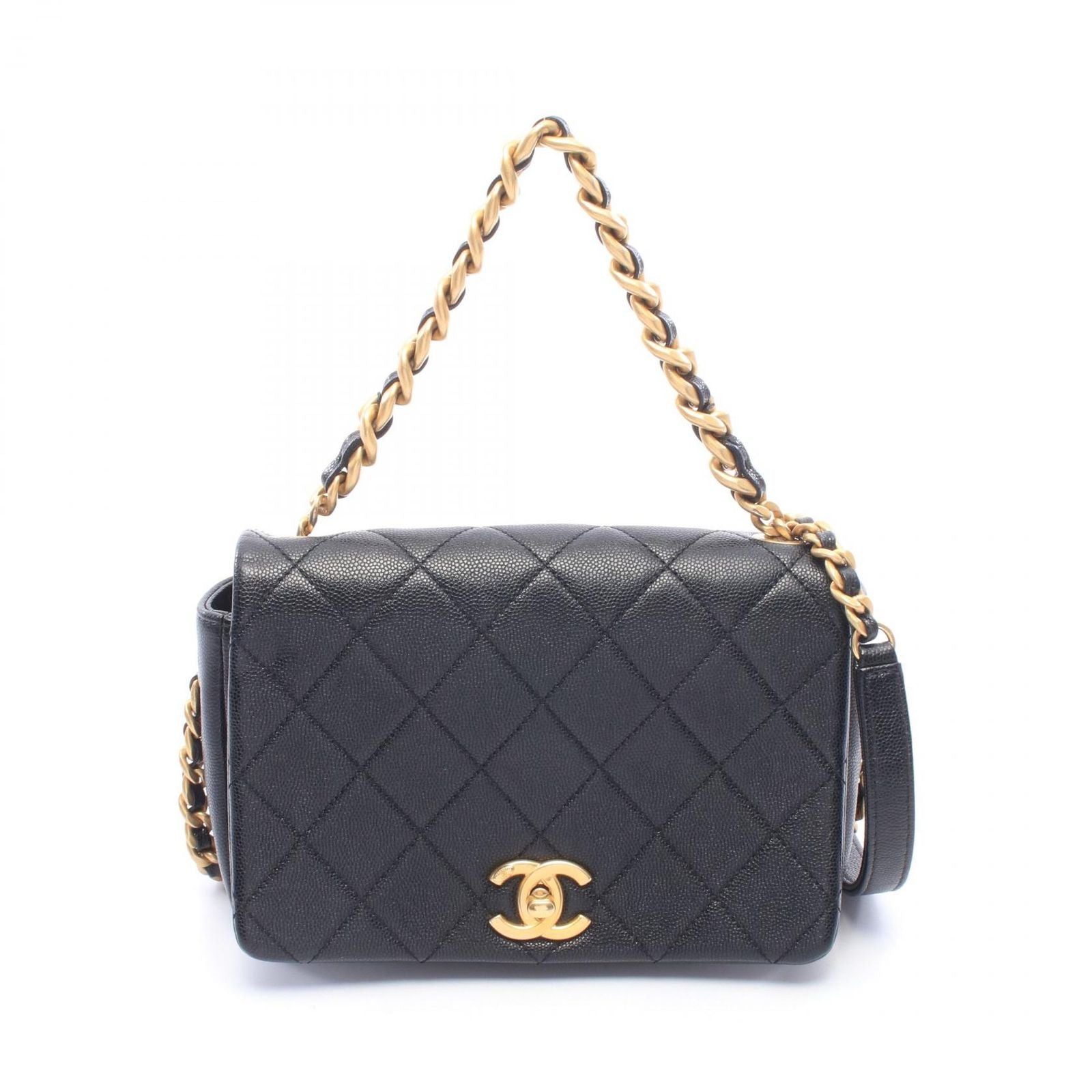 Chanel Shoulder Bag Quilted Black Caviar Leather Small Flap Chain
