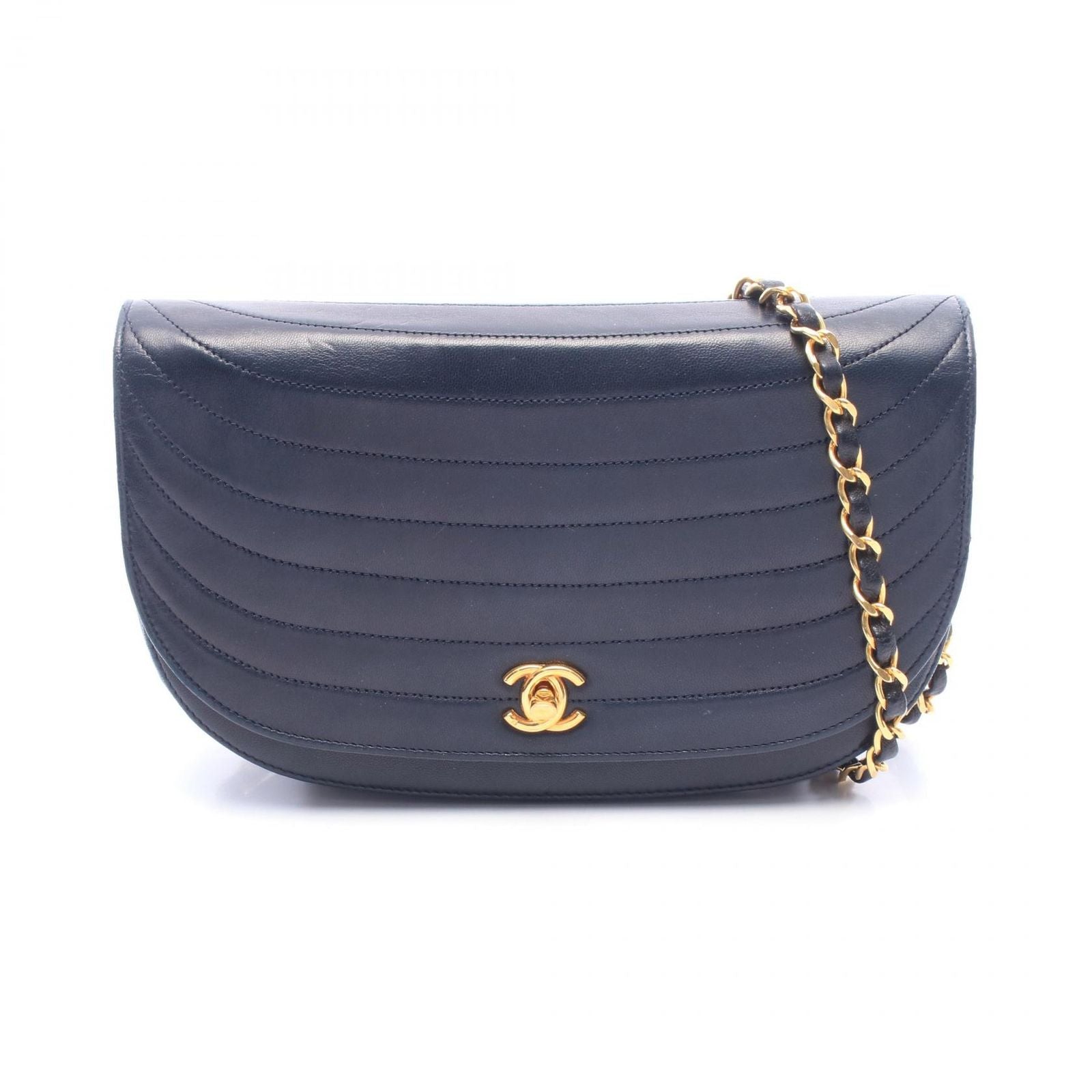 Chanel Shoulder Bag Half Moon Navy Lambskin Chain