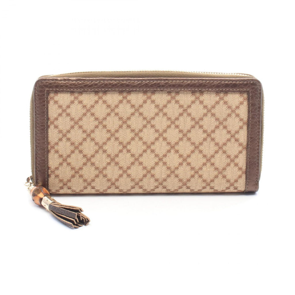 Gucci Round Wallet Diamante Bamboo Beige Brown Canvas Leather