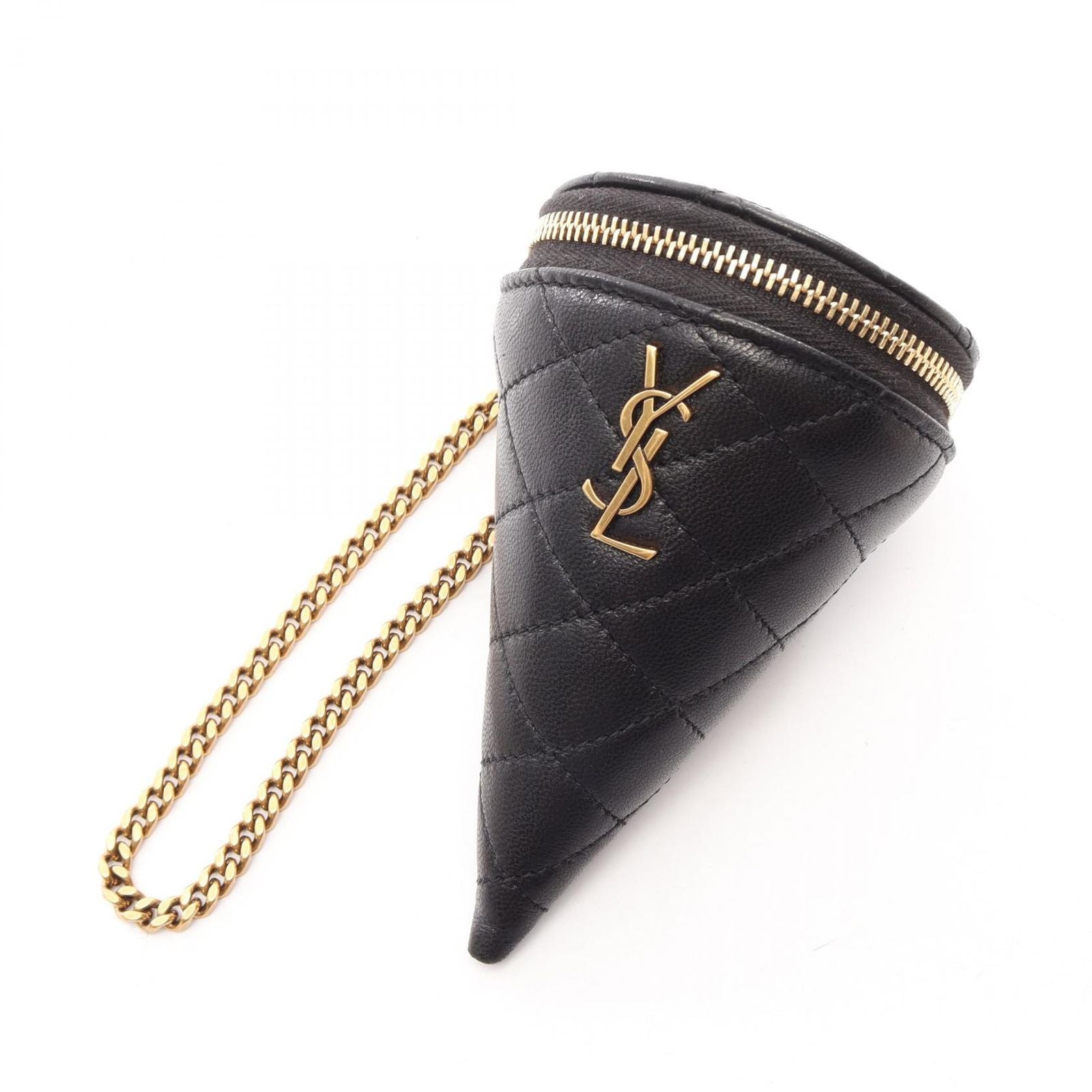 Saint Laurent Paris Charm Micro Cone Pouch Black Leather