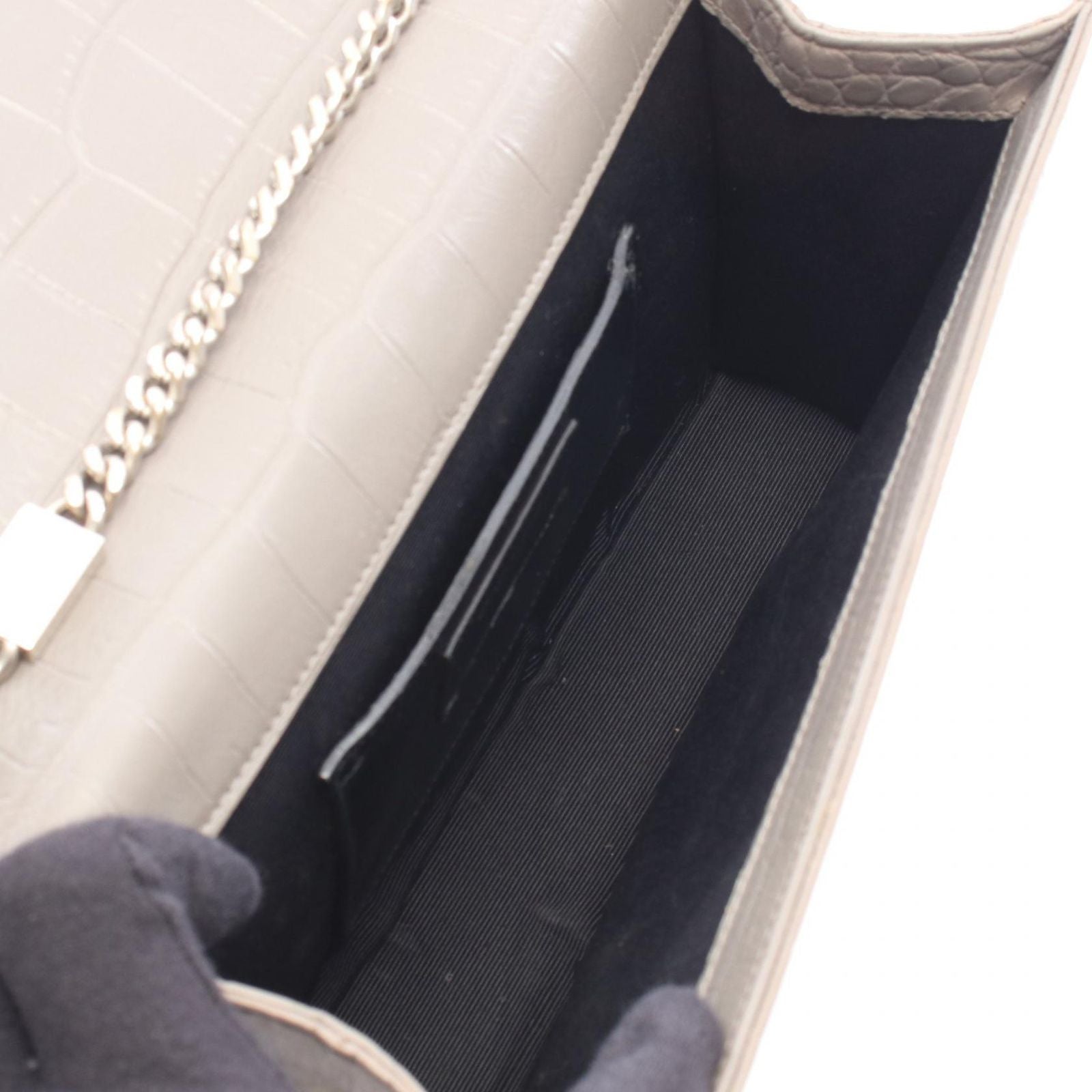 Saint Laurent Paris Shoulder Bag Kate Monogram Croco Embossed Gray Leather — view 3