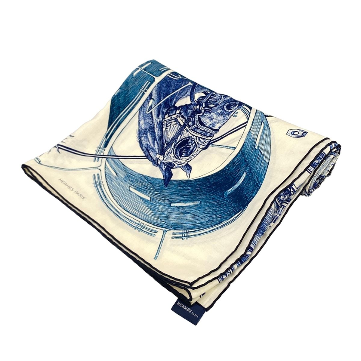 Hermes Shawl Carre 140 Ivory Navy Blue Green 24 Rue du Faubourg Saint Honore