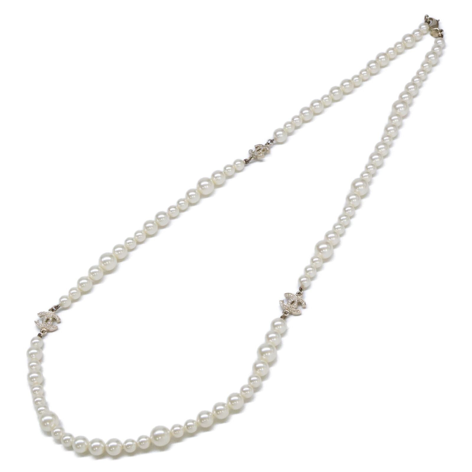Chanel Rhinestone CC Logo Pearl Long Necklace