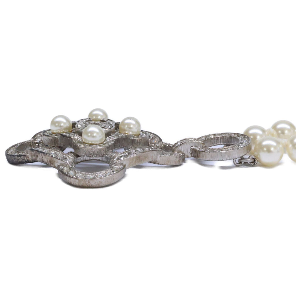 Chanel Rhinestone CC Logo Camellia Double Pearl Necklace — view 3