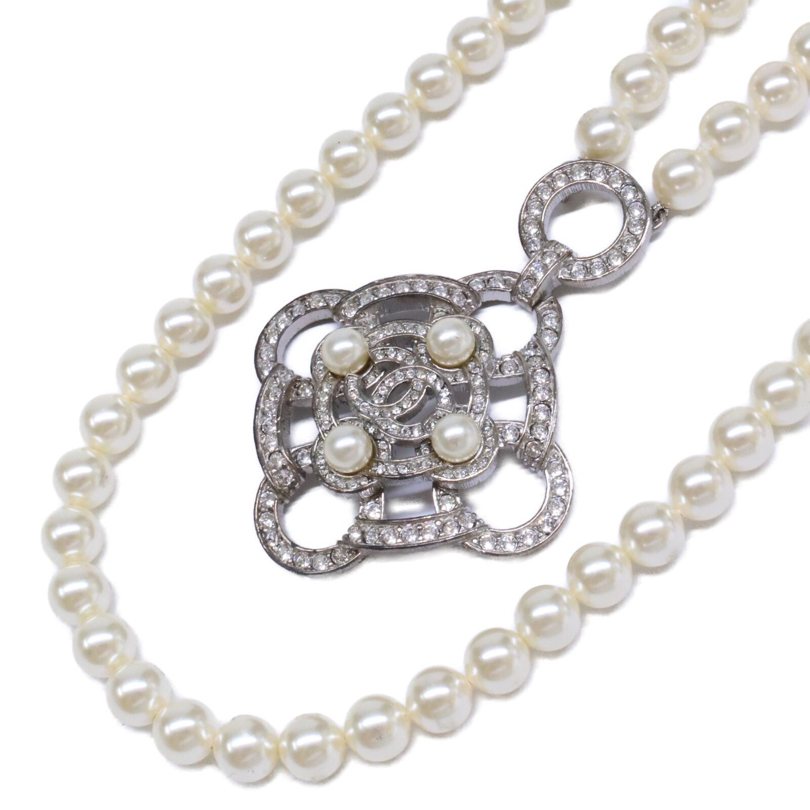 Chanel Rhinestone CC Logo Camellia Double Pearl Necklace