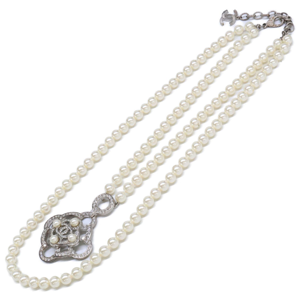 Chanel Rhinestone CC Logo Camellia Double Pearl Necklace — view 2