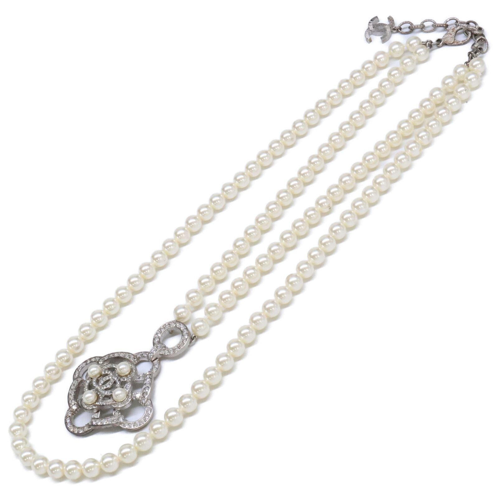Chanel Rhinestone CC Logo Camellia Double Pearl Necklace — view 2