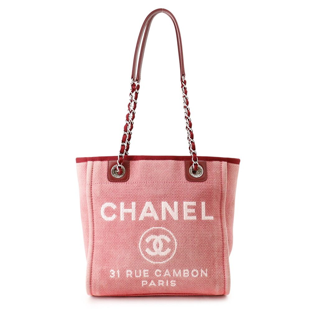 Chanel Tote Bag Deauville Line PM CC Logo Canvas Leather Chain