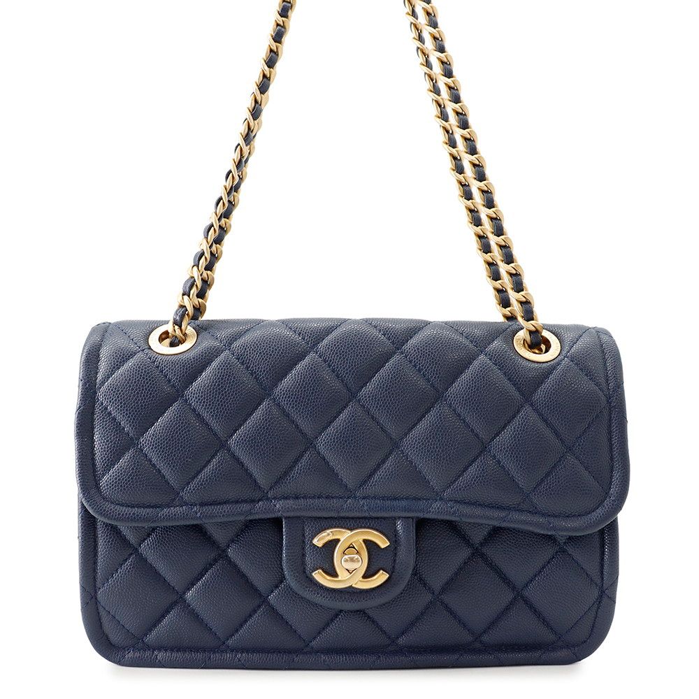 Chanel Chain Shoulder Bag Quilted CC Logo Caviar Leather Double