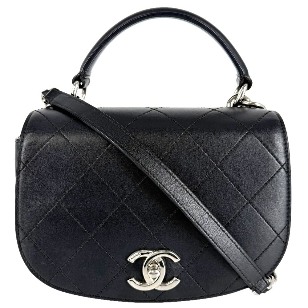 Chanel 2-Way Quilted CC Logo Chain Shoulder Bag Crossbody Leather Black Silver