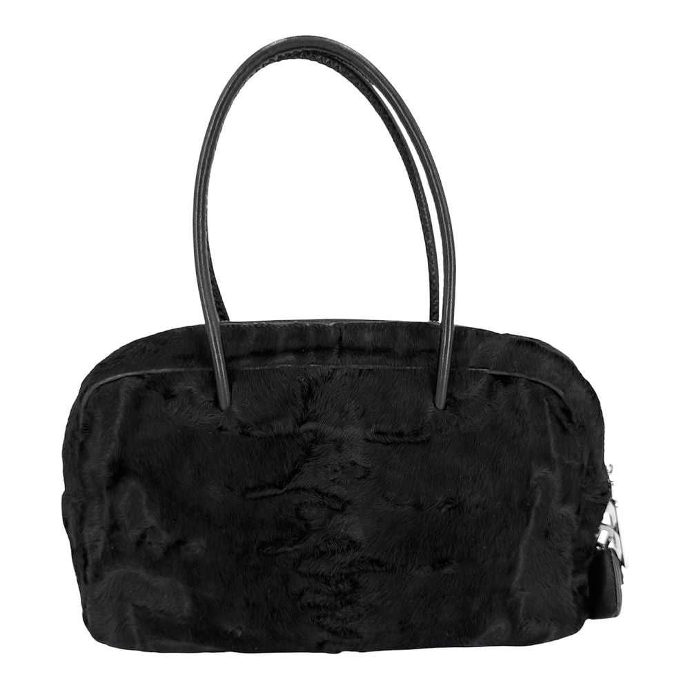 Prada Handbag Triangle Logo Faux Fur Black Silver — view 2
