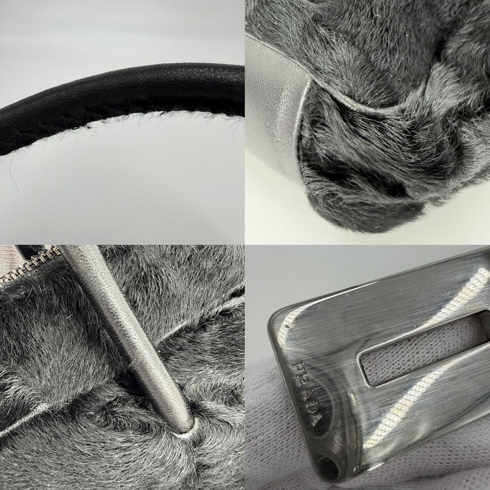 Prada Handbag Triangle Logo Faux Fur Black Silver — view 7