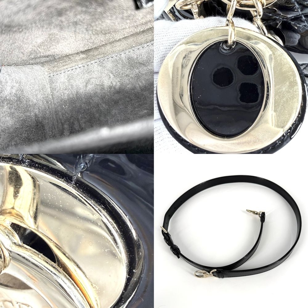 Dior 2-Way Cannage Lady Medium Shoulder Bag Crossbody Patent Calfskin Black Gold — view 6