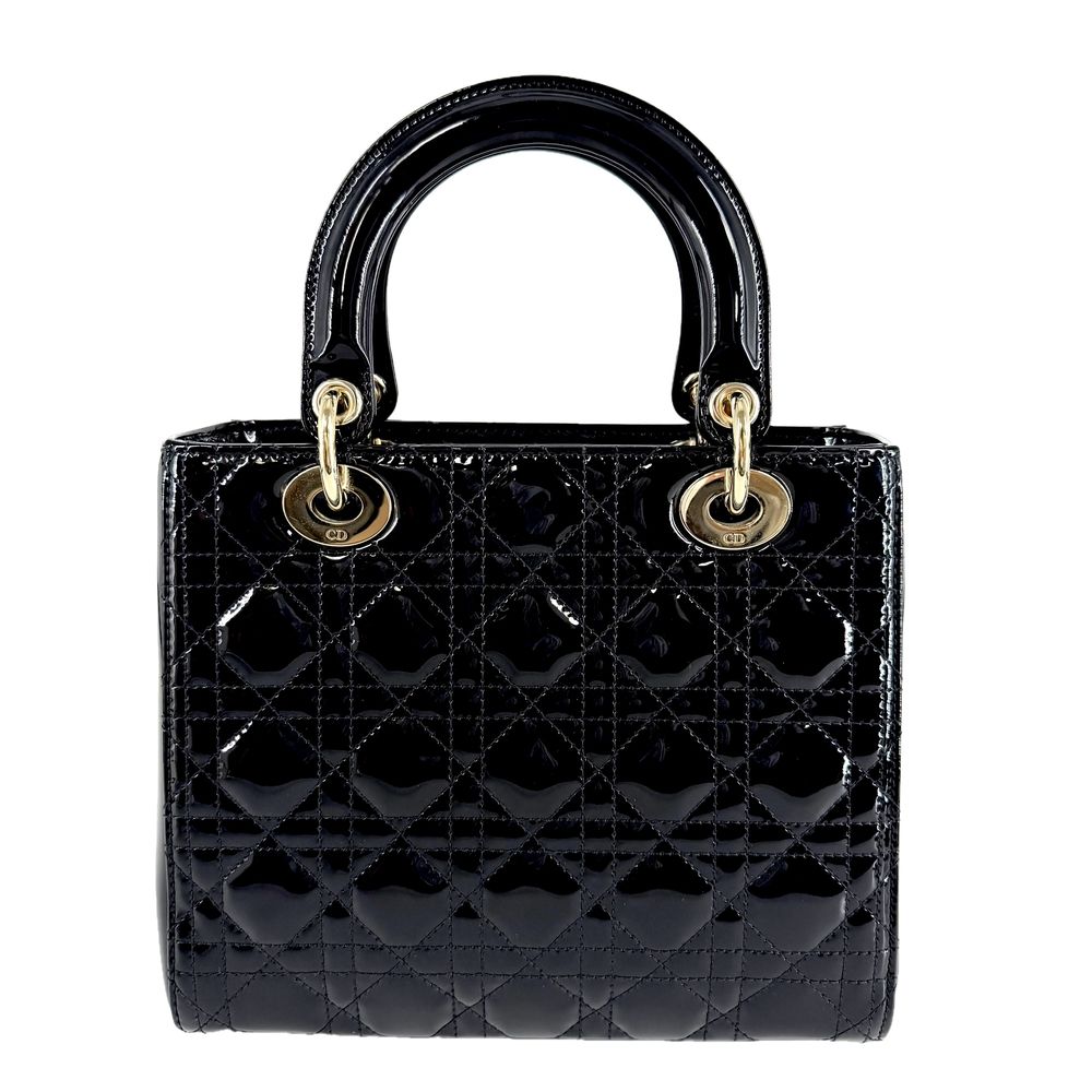 Dior 2-Way Cannage Lady Medium Shoulder Bag Crossbody Patent Calfskin Black Gold — view 2