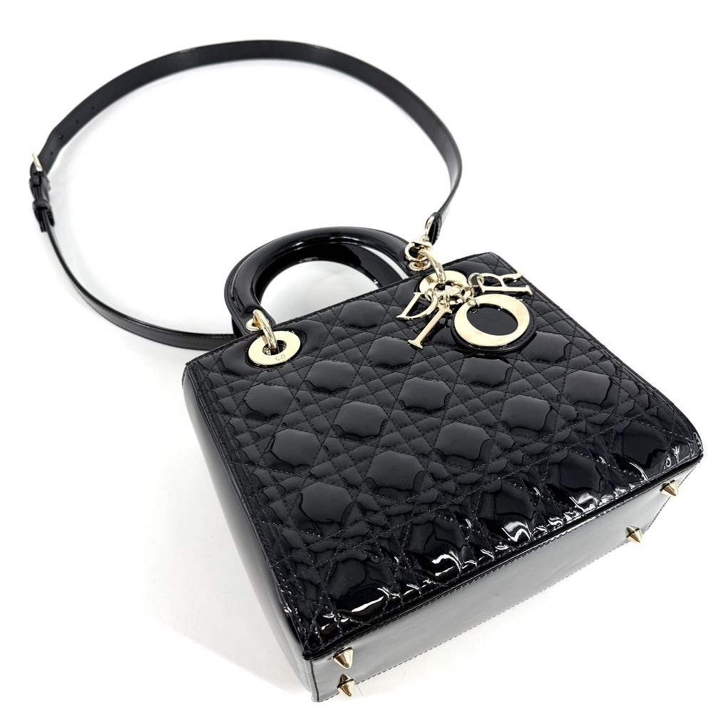 Dior 2-Way Cannage Lady Medium Shoulder Bag Crossbody Patent Calfskin Black Gold — view 3