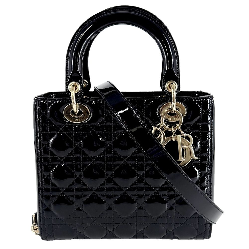 Dior 2-Way Cannage Lady Medium Shoulder Bag Crossbody Patent Calfskin Black Gold