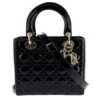 Dior 2-Way Cannage Lady Medium Shoulder Bag Crossbody Patent Calfskin Black Gold
